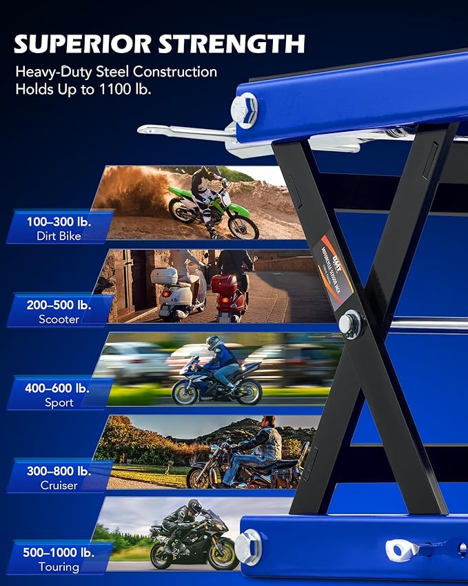 Orion Motor Tech Motorcycle Lift, 1100lb Motorcycle Scissor Lift Jack with Wide Deck T Handle 3/8" Socket, Motorbike Center Stand with Chain Brush, Crank Hoist Stand for ATV Dirt Bike Cruiser, Blue