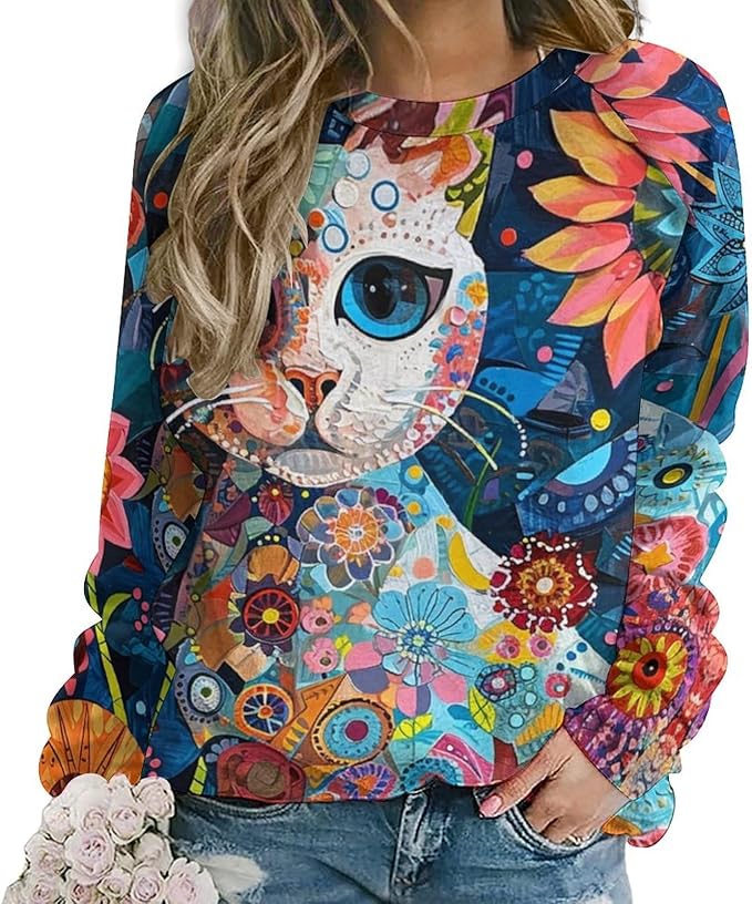Sweatshirt for Women Cat Print Fashion Funny Plus Size Ladies Dressy Crewneck Casual Trendy Tee Shirts