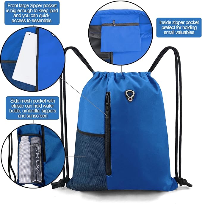 BeeGreen Royalblue Draw Strap Backpack For Men With Water Bottle Pocket &Front Zippered Pocket Large String Bags For Traveling Yoga Beach Outdoor Gym