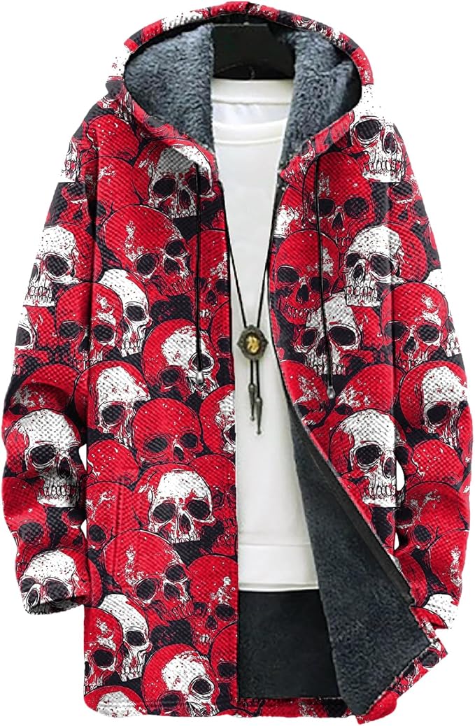 MARSVOVO Long Hooded Cardigan Men Japanese Art Style Fashion Cool Graphic Streetwear Winter Warm Lined Fleece Jacket