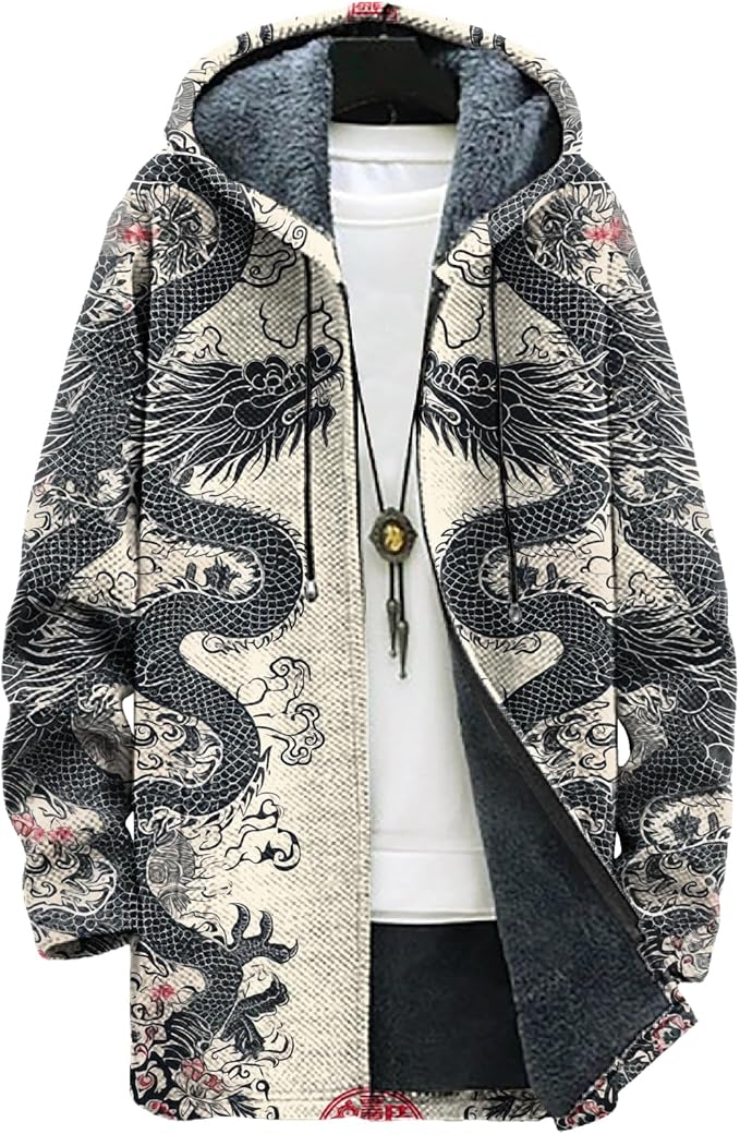MARSVOVO Long Hooded Cardigan Men Japanese Art Style Fashion Cool Graphic Streetwear Winter Warm Lined Fleece Jacket