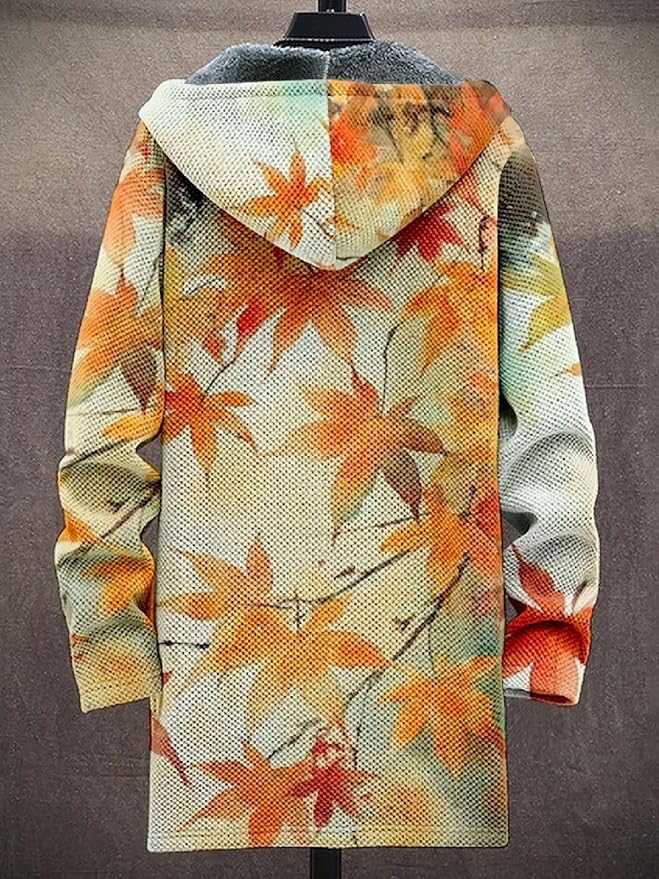 2025 Men's Ethnic Pattern Hooded Jacket Long Cardigan Hoodies Full Zip Vintage Knitted Zipper Coat with Pocket