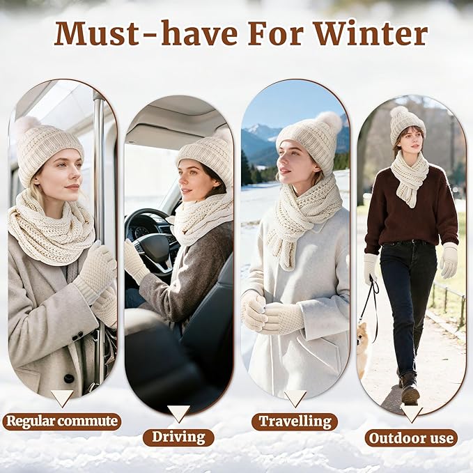 Winter Hat Scarf Gloves Set for Women, Warm Knit Beanie, Touch Screen Gloves and Soft Neck Warmer