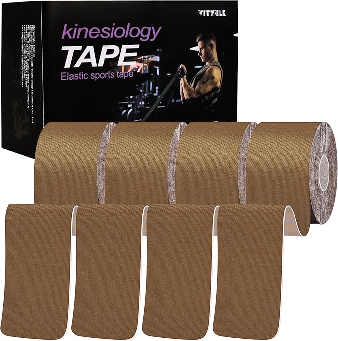 VityElk Kinesiology Tape Uncut 2In x 16.4ft - Elastic Sports Tape for Muscle & Joint Pain Relief, Waterproof Support, Athletic Recovery, Physical Therapy, Latex-Free Design (Brown 4 Roll)
