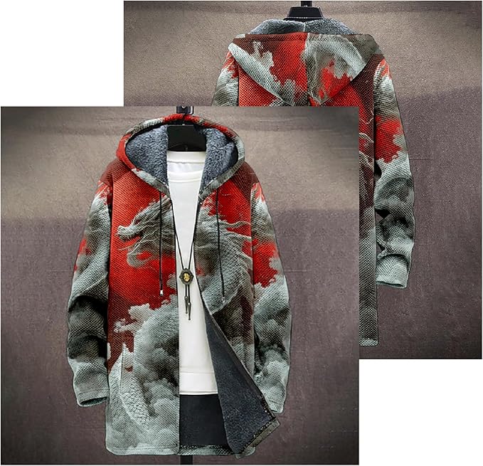 Mens Hooded Cardigan Japanese Art Zip Up Long Sleeve Sweater Hoodie Dragon Print Coat with Pockets