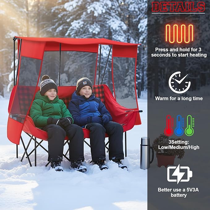 Heated Double Camping Chair with Canopy, Padded Loveseat 660lbs Folding Portable Chair with Pocket for Adult Outdoor Lawn, 4 Heating Zones 3 Heat Level, Use 5v/3a Power Bank (Not Included)(Red Plaid)