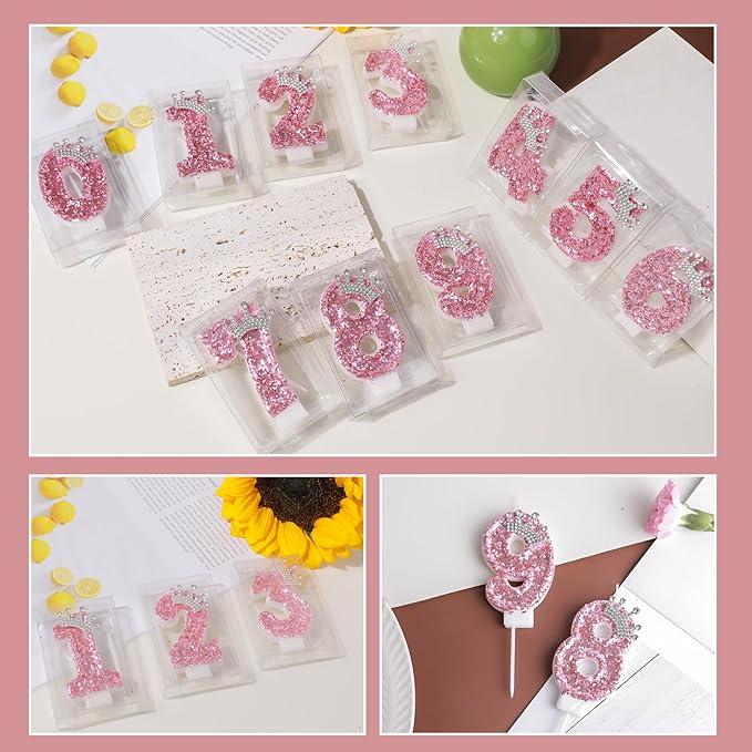 Birthday Number Candles,Pink Crown Birthday Candles for Cake,Glitter Number 8 Candle Cake Topper with Sequins for Girls,Women, Anniversary Celebrations Supplies (Pink 8)