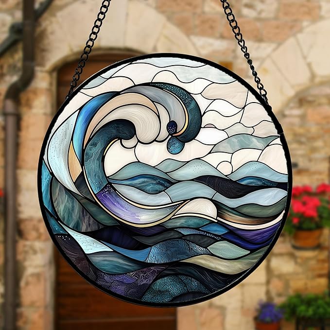 Stained Glass Window Hanging, Ocean Waves Sun Catchers Diamond Glass Panel Hangings Abstract Suncatcher Decor for Birthday for Women, Men, Wife, Aunt, and Mom 9.8 in
