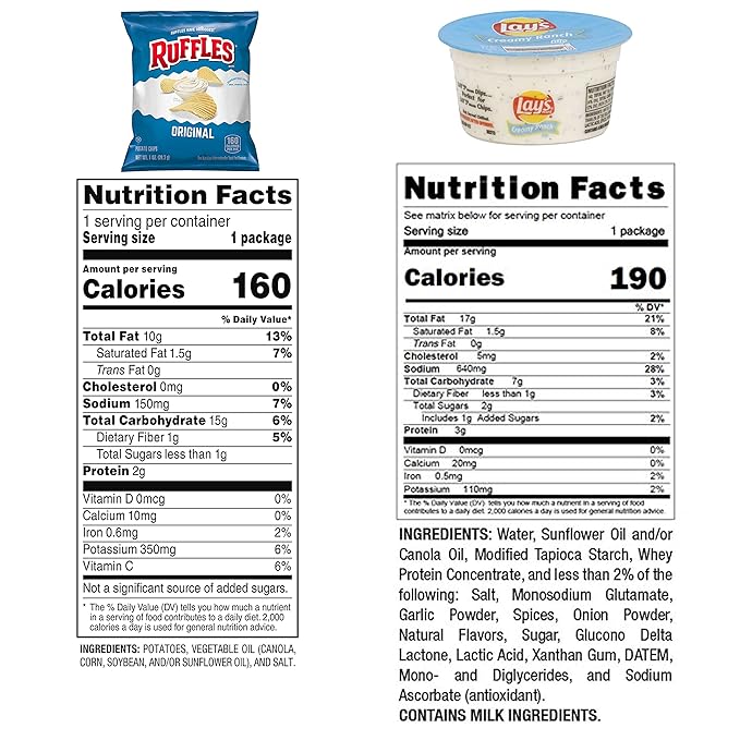 Frito Lay Ruffles Chips and Lay's Ranch Dip Cups Variety Pack, (Pack of 24)