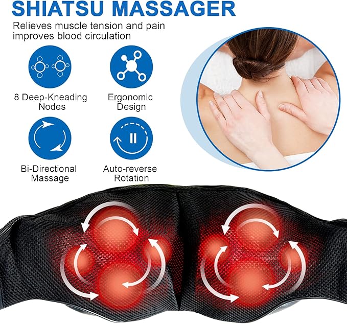 Neck and Shoulder Massager with Heat Shiatsu Back Massage Pillow with 3D Deep Tissue Kneading for Foot, Legs, Body Muscle Pain Relief, Use at Home, Office & Car