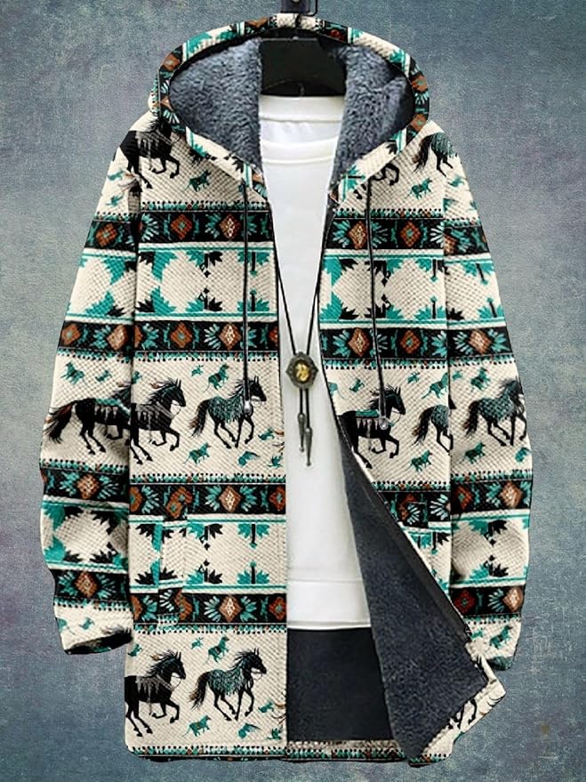 2025 Men's Ethnic Pattern Hooded Jacket Long Cardigan Hoodies Full Zip Vintage Knitted Zipper Coat with Pocket