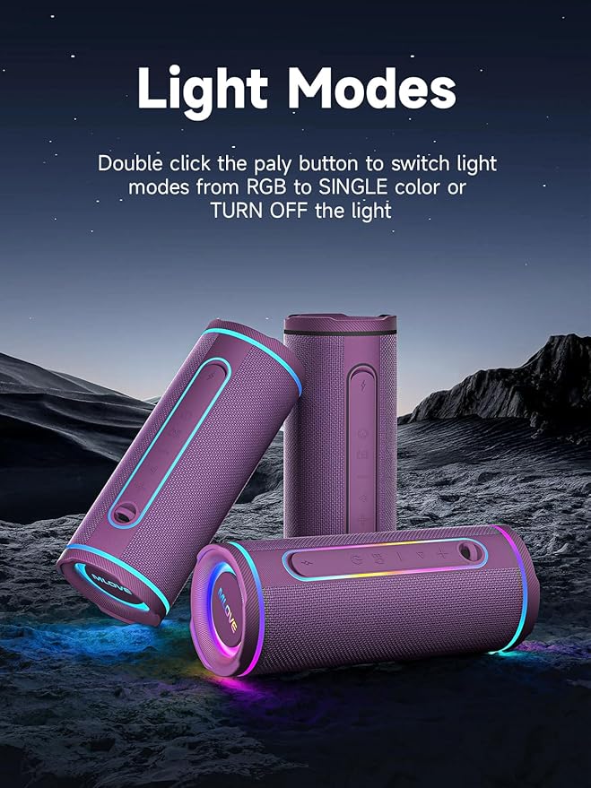 MLOVE E80 Portable Bluetooth Speaker, Bluetooth 5.4 Wireless Speakers IPX7 Waterproof with Aux Input, Micro SD Card Slot, Led Lights, Bass Boost, Dual Pairing, Mic for Outdoor Travel, Car, 30W, Purple