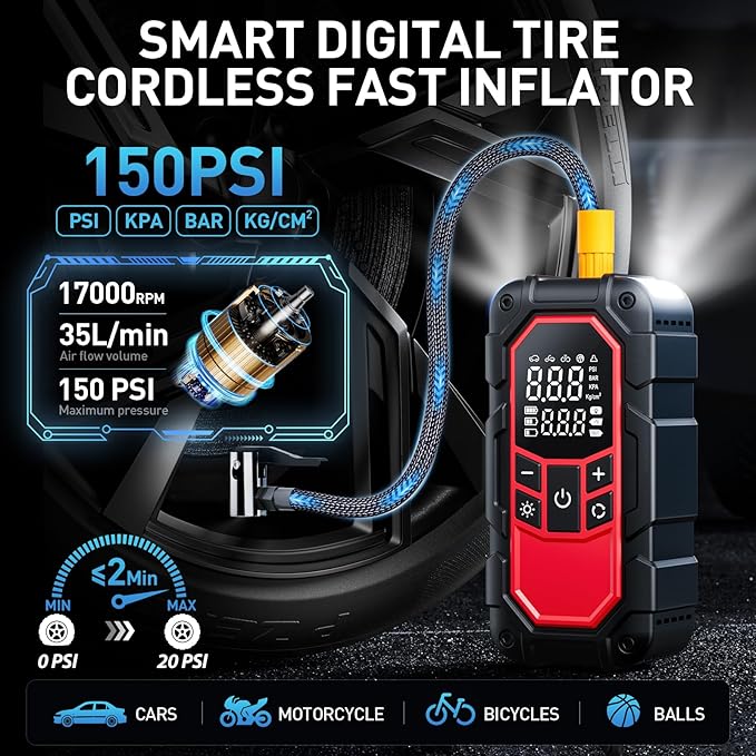 Jump Starter with Air Compressor,3000A car Battery Jump Starter (9.0 Gasoline/6.5L Diesel) with 150PSI Digital tire inflator Portable,12V Power Pack Car Jump Box Charger with LCD Display, Lights