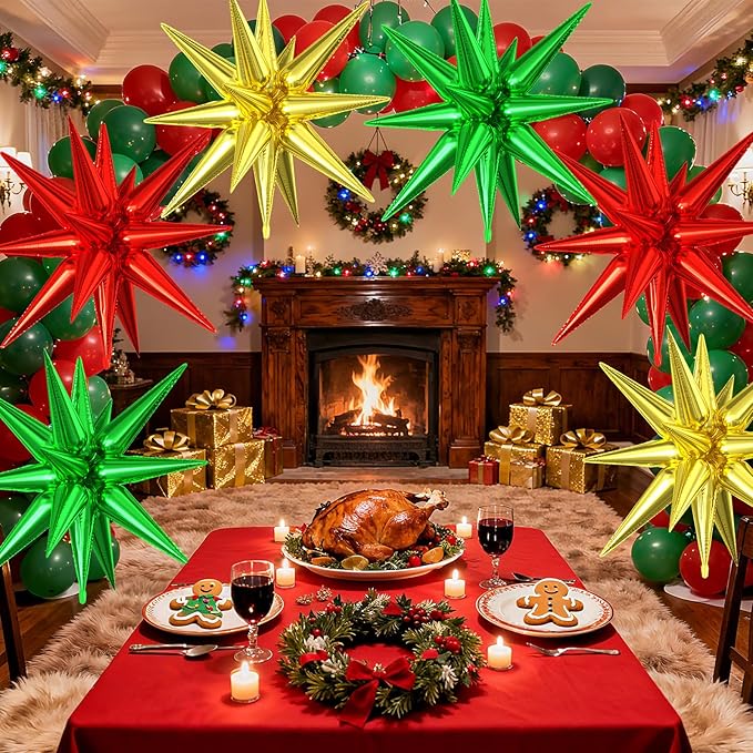 6PCS Star Balloons, 22 Inch Large Green Red Gold Star Balloon Foil Balloons Christmas Party Balloon for Birthday Christmas Graduation Wedding Anniversary Party Backdrops Decorations