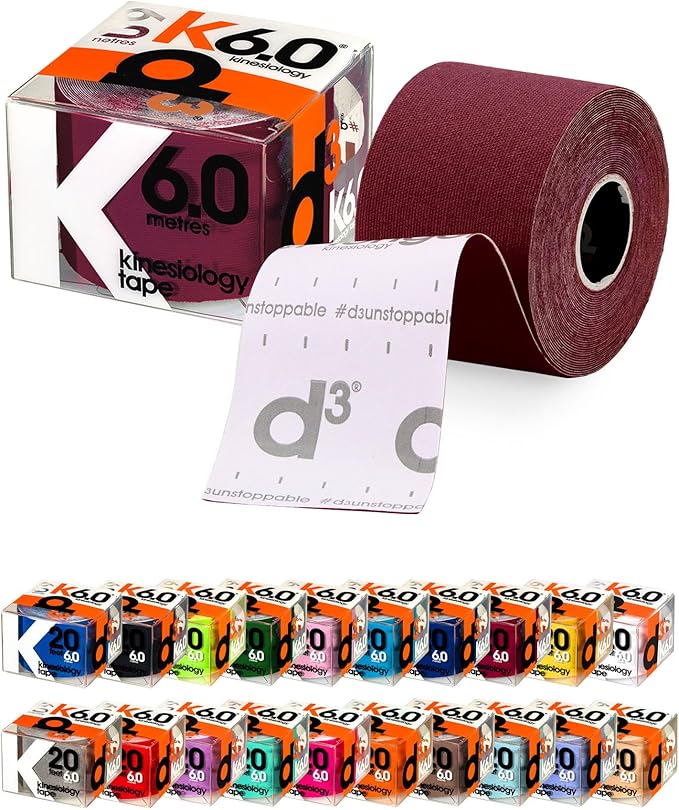 d3 K6.0 Kinesiology Tape - 2in x 20ft Maroon (1 Roll) Latex-Free Hypoallergenic Joint Muscle Sports Medical Injury Support
