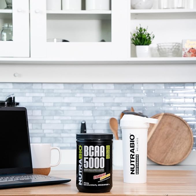 NutraBio BCAA 5000 Powder - Vegan Fermented BCAAs - Supports Lean Muscle Growth, Recovery, Endurance - 60 Servings - Strawberry Lemon Bomb