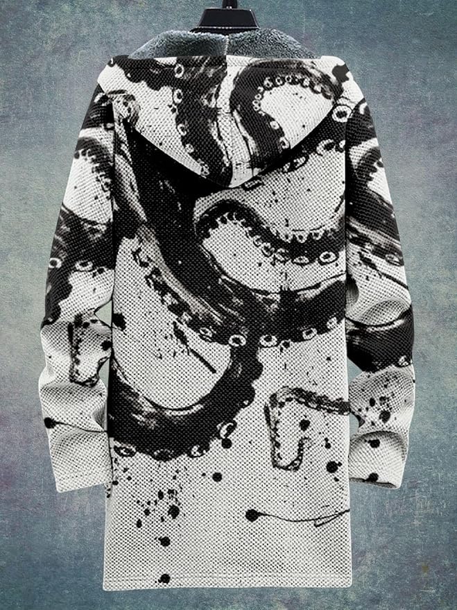 2025 Men's Ethnic Pattern Hooded Jacket Long Cardigan Hoodies Full Zip Vintage Knitted Zipper Coat with Pocket