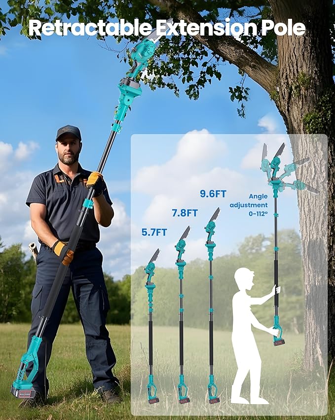 Electric Pole Saw for Tree Trimming, 2x4000mAh Brushless Mini Chainsaw Cordless with Extension Pole, 2-in-1 Handheld & Pole Prunner for Cutting Tree Limbs Branches