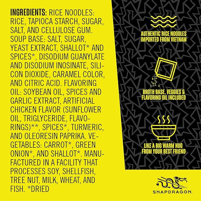 Snapdragon Chicken Pho Instant Noodle Packets 4-Pack | Rich Chicken Flavored Broth with Rice Noodles, Gluten Free, No Artificial Flavors, 4 2.1oz Packets