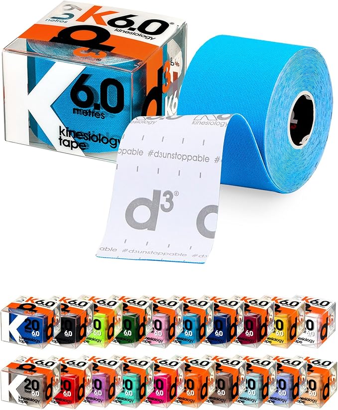 d3 K6.0 Kinesiology Tape - 2in x 20ft Electric Blue (1 Roll) Latex-Free Hypoallergenic Joint Muscle Sports Medical Injury Support