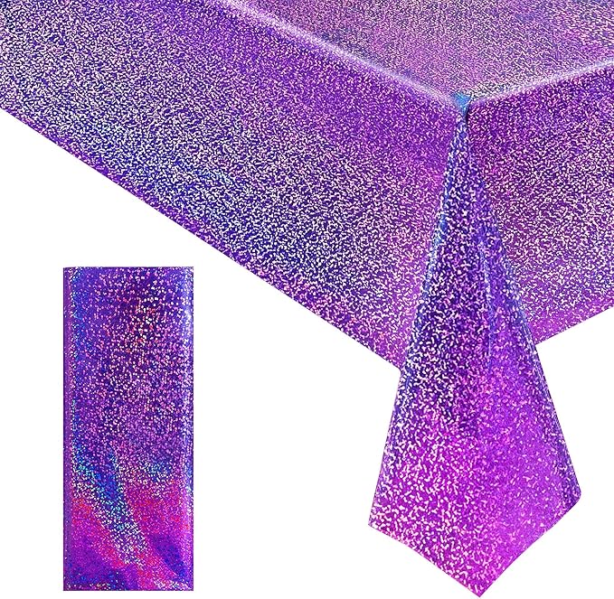 Just Shimmer Sparkling Holographic Laser Tablecloth - Shimmering, Waterproof, Easy to Clean - Ideal for Bachelorette, Birthday, Wedding, and Anniversary Party Decorations (Purple, 1)