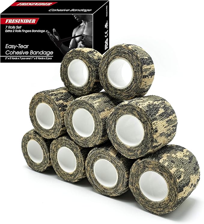 FRESINIDER 9 Rolls Self Adhesive Wrap Athletic Tape Gauze, Breathable Elastic Cohesive Bandage for Sports Injury & Pet (7 Pcs 2" x 5 Yards + 2 Pcs 1" X 5 Yards) (Digital Woodland Camo)