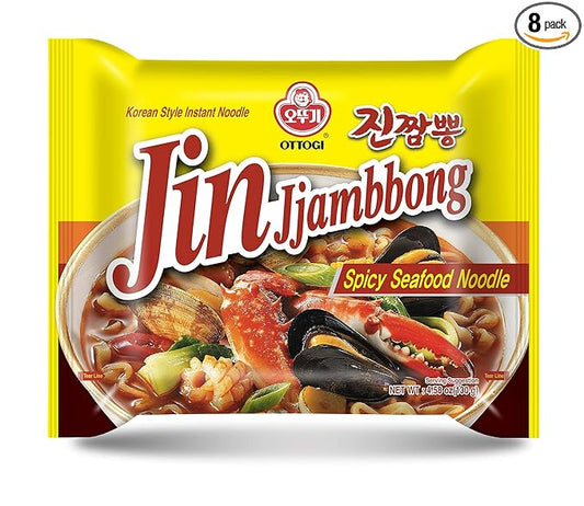 OTTOGI Jin Jjamppong, Korean Style Spicy Seafood Ramen Instant Noodle, 4.58oz x 8 Pack