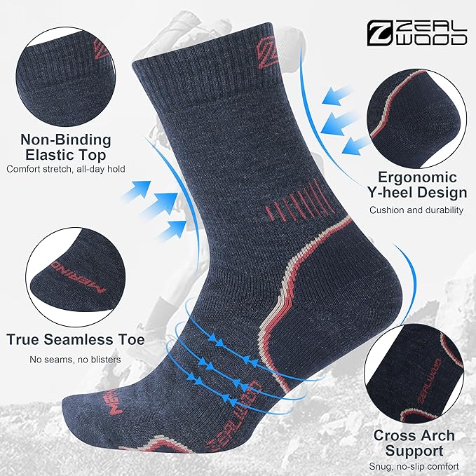 ZEAL WOOD Merino Wool Hiking Crew Socks for Men Women Comfort Full Cushion Moisture Wicking for Camping Trekking Work Outdoor
