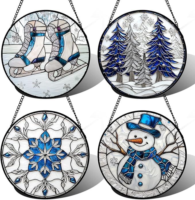 Stained Glass Window Hanging 4 Pcs Set White Winter Christmas Snow Scene 7.8" - Suncatcher Door Garden Sun Catcher Decor Birthday for Mom Woman Nana Men Friend Wife