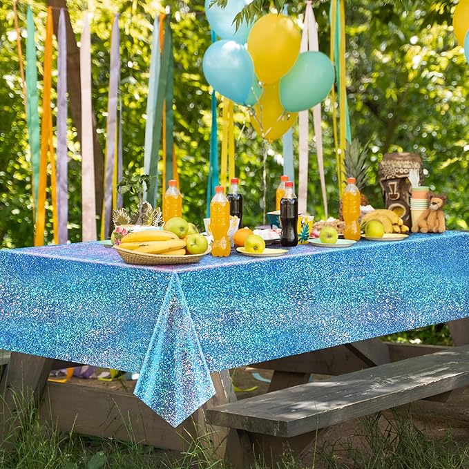 Just Shimmer Sparkling Holographic Laser Tablecloth - Shimmering, Waterproof, Easy to Clean - Ideal for Bachelorette, Birthday, Wedding, and Anniversary Party Decorations (Blue & Green, 2)
