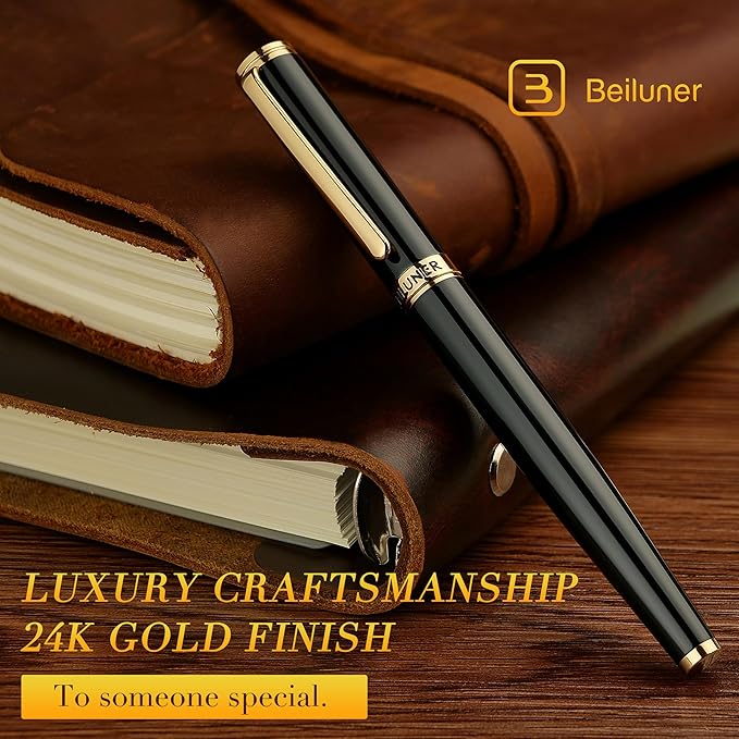 BEILUNER Black Fountain Pen,Stunning Luxury Pens with 24K Gold Accents, Gorgeous 24K Gilded Nib(Fine), Trustworthy Pen Gift for Men&Women -Ink Converter-Elegant, Reliable,Fancy Pen for Writing