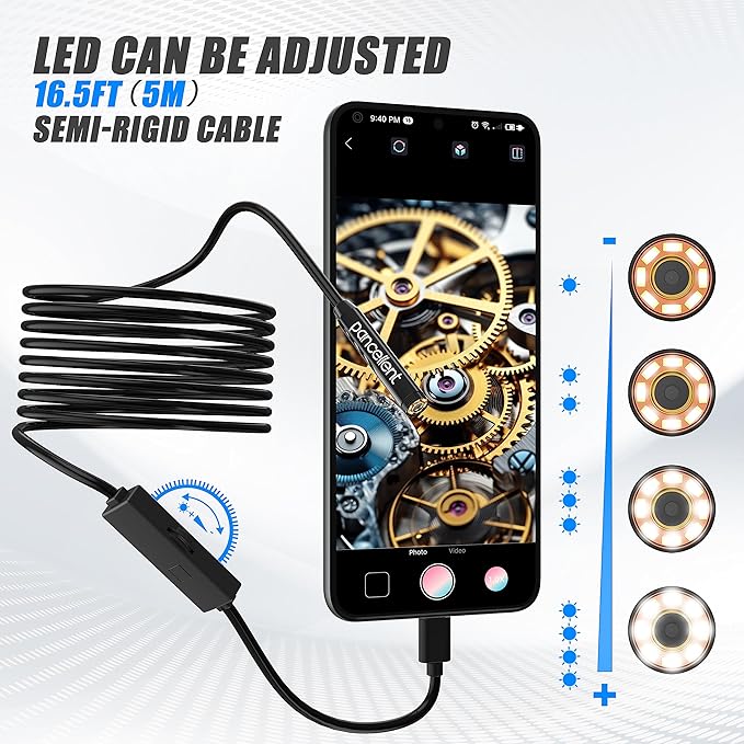 1920P Snake Inspection Borescope, Pancellent Type C Endoscope, Scope Camera with 8 LED Lights for Android and iOS Smartphone, iPhone, iPad, Samsung (16.5 FT/5M)