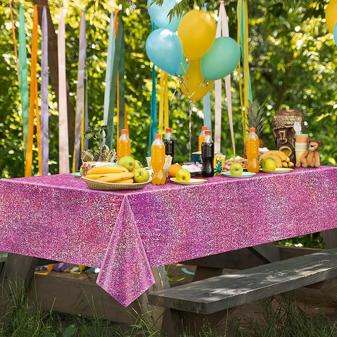 Just Shimmer Sparkling Pink & Gold Holographic Laser Tablecloth - Shimmering, Waterproof, Easy to Clean - Ideal for Bachelorette, Birthday, Wedding, and Anniversary Party Decorations