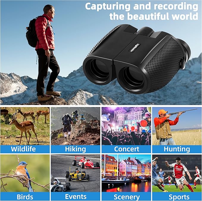 Binoculars for Adults and Kids, 12x25 HD Compact Binoculars for Bird Watching, Large Eyepiece Waterproof Binocular and Low Light Vision, Easy Focus for Sport Games, Outdoor Hunting, Travel Sightseeing