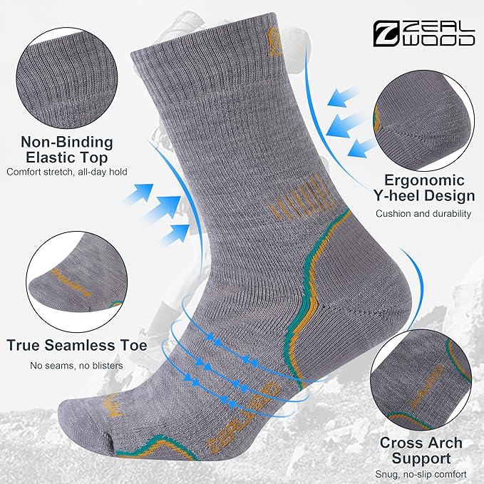 ZEAL WOOD Merino Wool Hiking Crew Socks for Men Women Comfort Full Cushion Moisture Wicking for Camping Trekking Work Outdoor