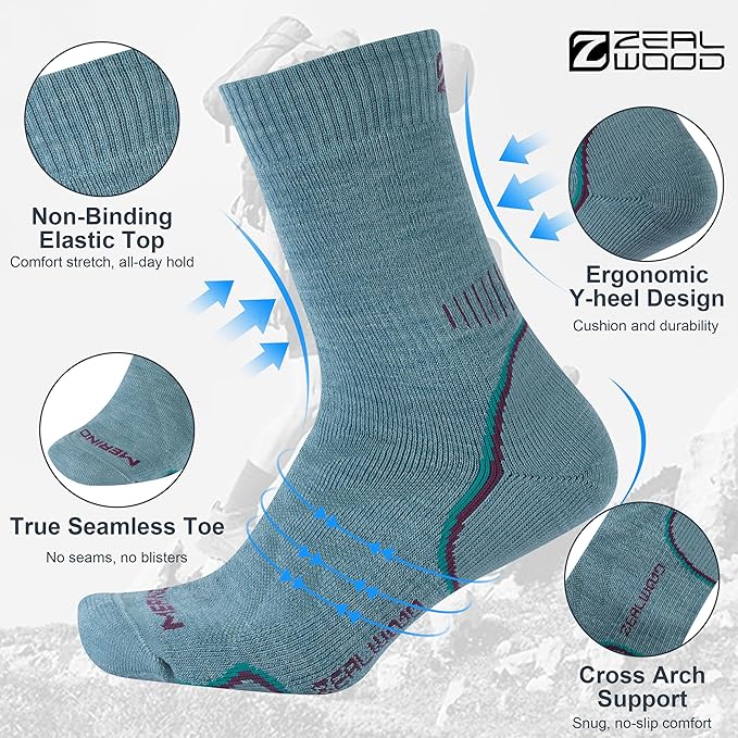 ZEAL WOOD Merino Wool Hiking Crew Socks for Men Women Comfort Full Cushion Moisture Wicking for Camping Trekking Work Outdoor