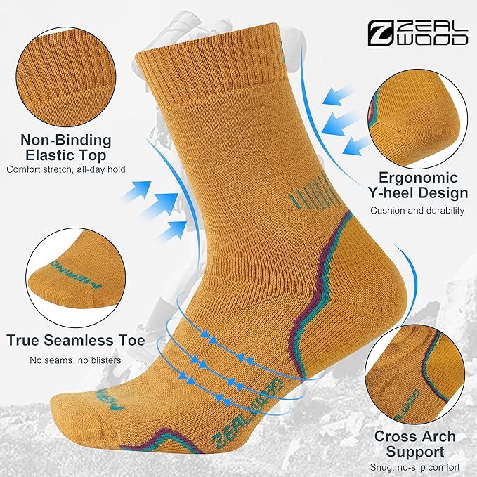 ZEAL WOOD Merino Wool Hiking Crew Socks for Men Women Comfort Full Cushion Moisture Wicking for Camping Trekking Work Outdoor