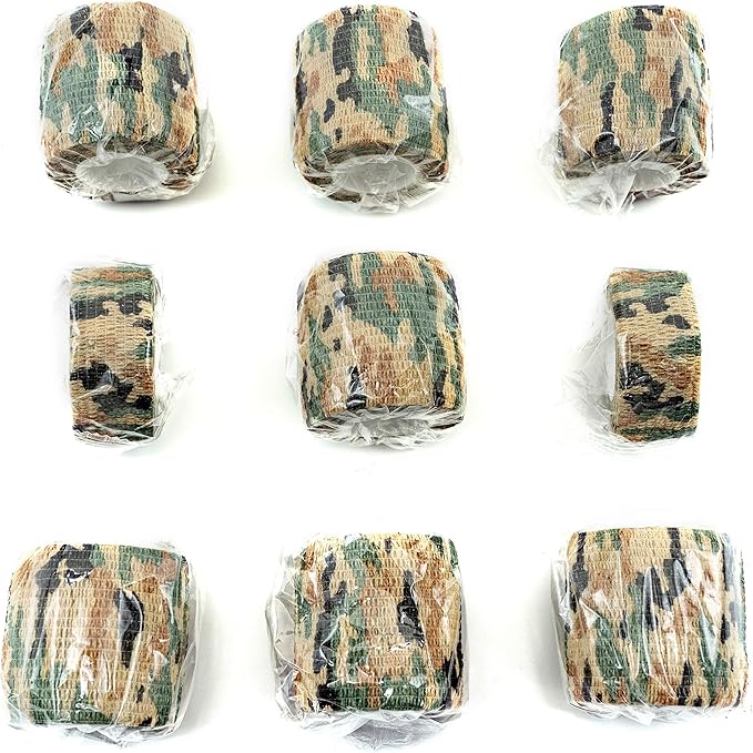 FRESINIDER 9 Rolls Self Adhesive Wrap Athletic Tape Gauze, Breathable Elastic Cohesive Bandage for Sports Injury & Pet (7 Pcs 2" x 5 Yards + 2 Pcs 1" X 5 Yards) (German Woodland Camo)