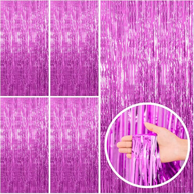 BOMSI 5 Pack Hot Pink Party Decorations - Tinsel Curtain Streamers Foil Fringe Backdrop for Birthday, Christmas, Bachelorette, Graduation, Fiesta Photo Booth