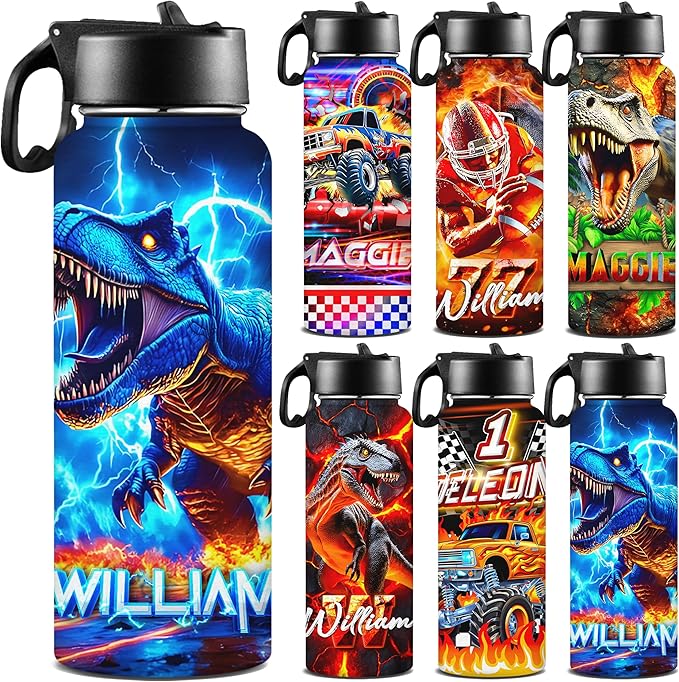 Personalized Dinosaur Water Bottles for Boys with Straw Lid Custom Sports Water Bottle for School Customized Name Stainless Steel Double Wall Insulated Cup Birthday Gifts for Kids Style17