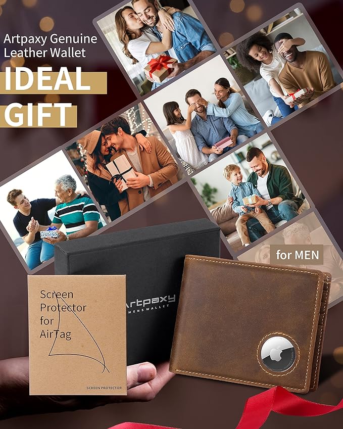 Mens Wallet With AirTag Holder, Bifold Leather RFID Blocking 1-2 ID Windows 12-13 Card Holders, Gift Box and Screen Protector Included, AirTag Not Included