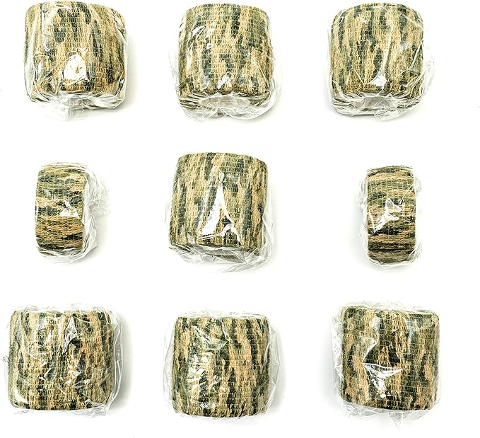 FRESINIDER 9 Rolls Self Adhesive Wrap Athletic Tape Gauze, Breathable Elastic Cohesive Bandage for Sports Injury & Pet (7 Pcs 2" x 5 Yards + 2 Pcs 1" X 5 Yards) (Woodland Multicam Camo)