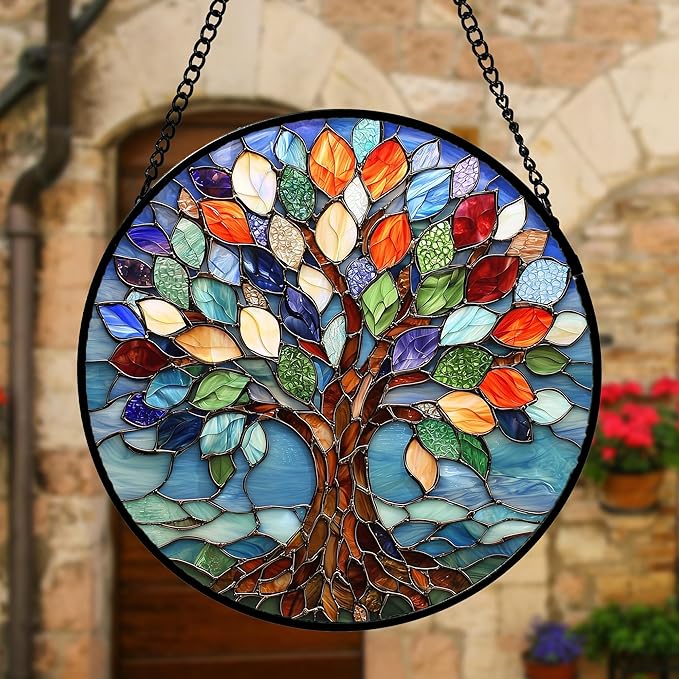 Stained Glass Window Hanging, Colorful Tree of Life Sun Catchers Glass Panel Blue Suncatcher Decor for Birthday for Women, Men, Wife, Aunt, and Mom 11.8x11.8 in