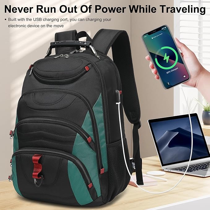 Boavan Laptop Backpack for men, 17.3 inch Laptop Bag with USB Port, Waterproof Travel Work Backpack Purse, Anti-Theft Teacher Nurse Doctor Casual Bookbags Office Business backpack，Black&Deep Juniper