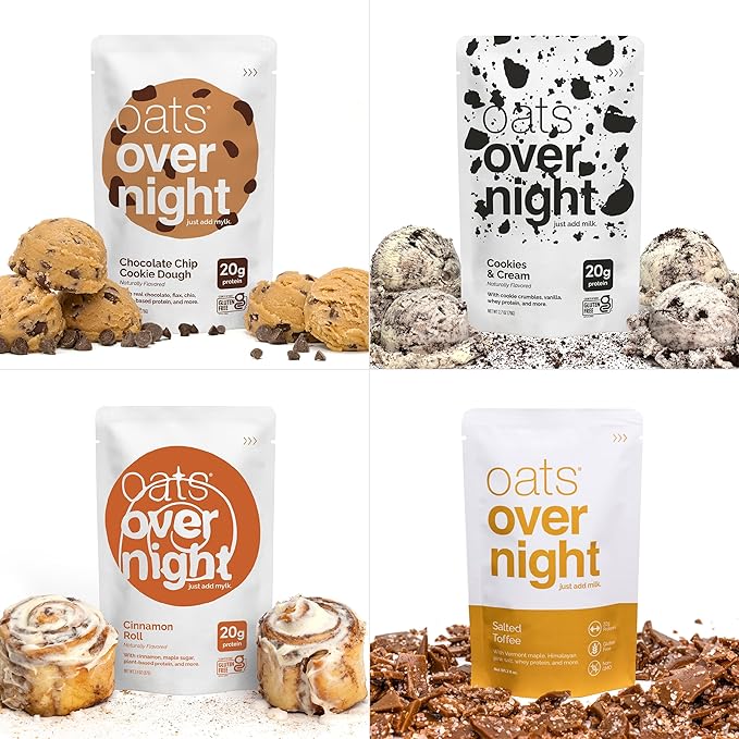 Oats Overnight Dessert Variety Pack - High Protein, High Fiber Breakfast Protein Shake - Gluten Free Oatmeal, Non GMO High Protein Oatmeal - Salted Toffee, Chocolate Satin Pie & More Flavors (8 Pack)