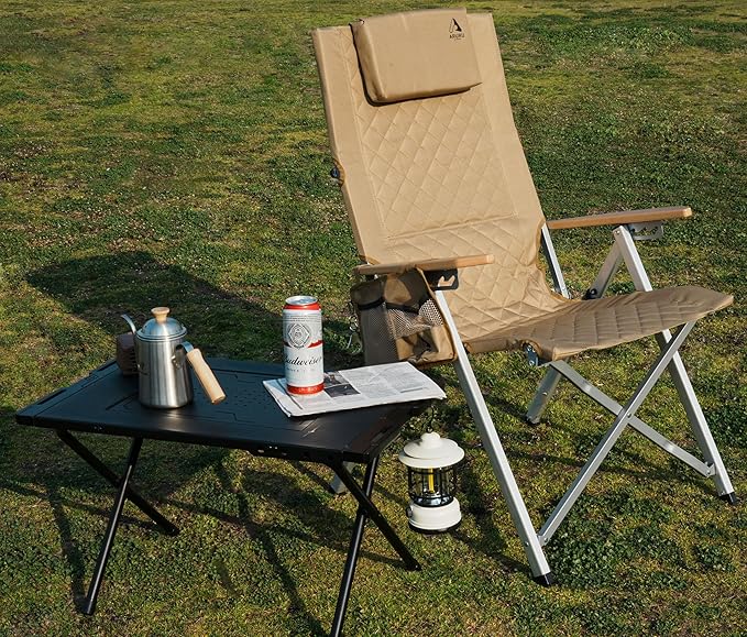 Aluminum Reclining Camping Chair, Heavy Duty Folding Lawn Chairs with 4-Stage Adjustable High Back for Adults, Compact Foldable Outdoor Patio Reclining Chair (Khaki, 1 Pack)