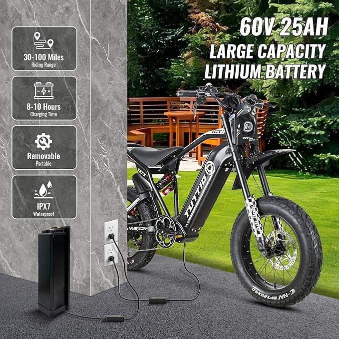 Tuttio-ICT-Electric-Bike for Adults-Teens Age 16+,2000W-60V-25AH Electric-Dirt-Bike, 170NM, 20" Fat-Tire-Electric-Motorcycle, Full Suspension E-Bike for Mountain Off-Road Commuter School Snow