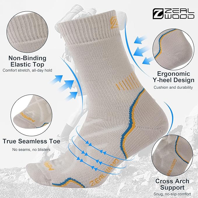 ZEAL WOOD Merino Wool Hiking Crew Socks for Men Women Comfort Full Cushion Moisture Wicking for Camping Trekking Work Outdoor