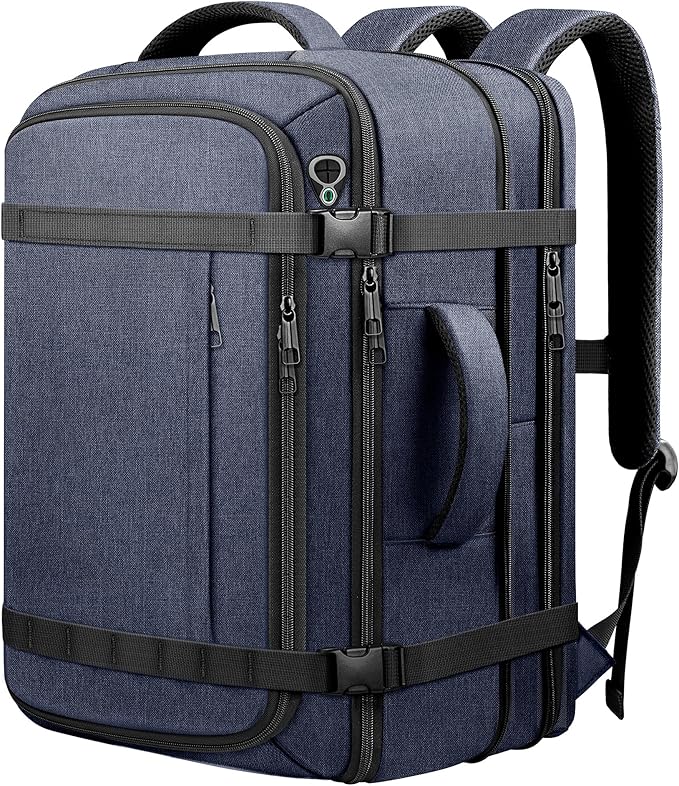 Carry On Backpack,50–60L Expandable Large Capacity Travel Backpack with Cable Access Port Fits 18.4 Inch Laptop, Water Resistant Airline Travel Backpack for Men College Hiking Work Commuting, Blue