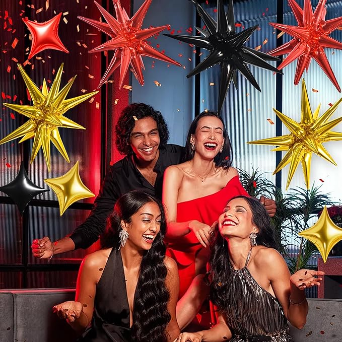 TONIFUL 22Inch 18Pcs Black Gold Red Explosion Star Mylar Balloons and 10Inch Four Pointed Star Balloons Set for Christmas New Year Birthday Wedding Bridal Shower Anniversary Photo Booth Supplies